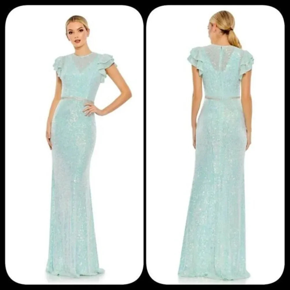 IEENA MAC Duggal Flutter Sleeve Sequin Column Gown